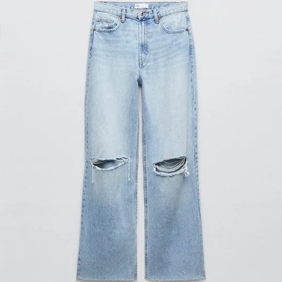 ZARA WIDE LEG FULL LENGTH RIPPED JEANS - Picture 2 of 4